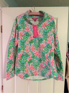 Lilly Pulitzer Aqua & Pink Floral Zip Skipper Pullover popover
